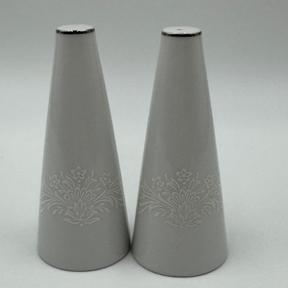 White Filigree Flower Sprays on White by Parkleigh Salt & Pepper Shaker Set Made